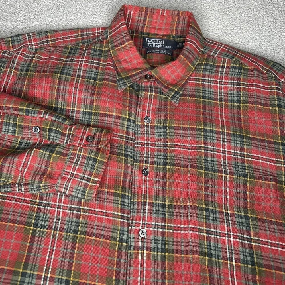 Polo Ralph Lauren Shirt Mens Large Red Tartan Plaid Hammond Flannel Wool Blend